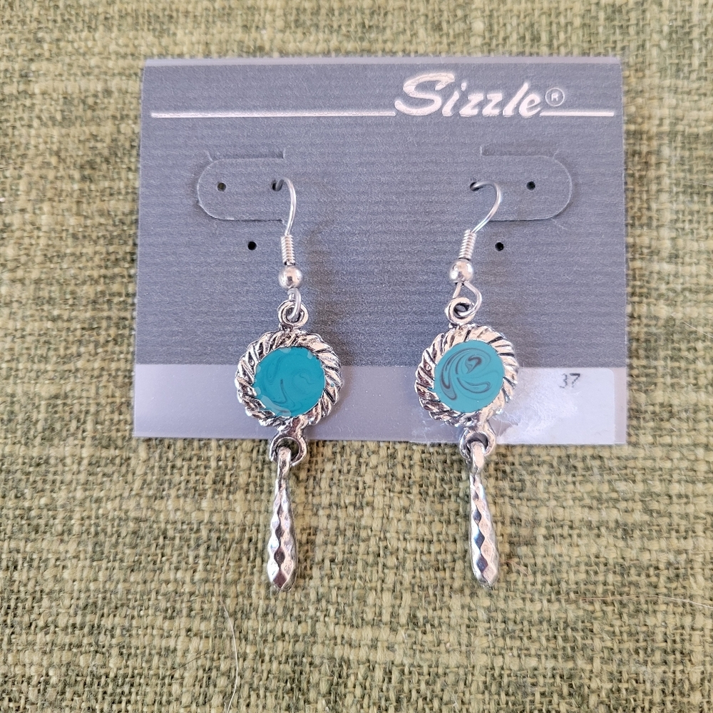 Silver Tone Faux Turquoise Dangly Earrings
